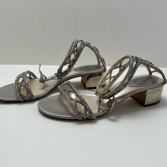 Rene Caovilla Women's Silver Leather Ankle Strap Sandals Size 36 Made In Italy - Picture 4 of 14